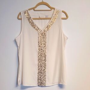 Chico's Ivory Gold Sequin V-Neck Tank Top Blouse Size 2 Medium